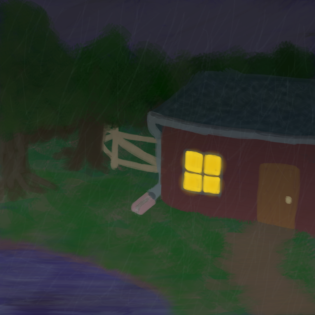 a digital painting depicting a small house in the woods in the middle of a rainstorm. the house has a dark red exterior, a simple wooden door, a window that is glowing a warm yellow from the inside, and a slate roof with a silver gutter. there is a worn dirt path leading to the door. in front of the house is a pond, and surrounding the house is a deep forest, with a wooden fence extending from behind the house. the sky is a dark blue-ish gray, and rain is coming down heavily, flowing out of the gutter and into the lake.